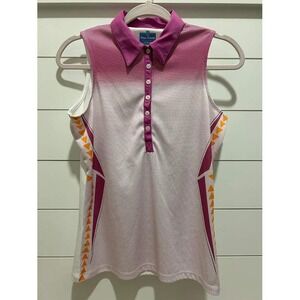 PGA Tour Womens Sleeveless Golf Polo Shirt Pink White Ombre Polka Dot Small